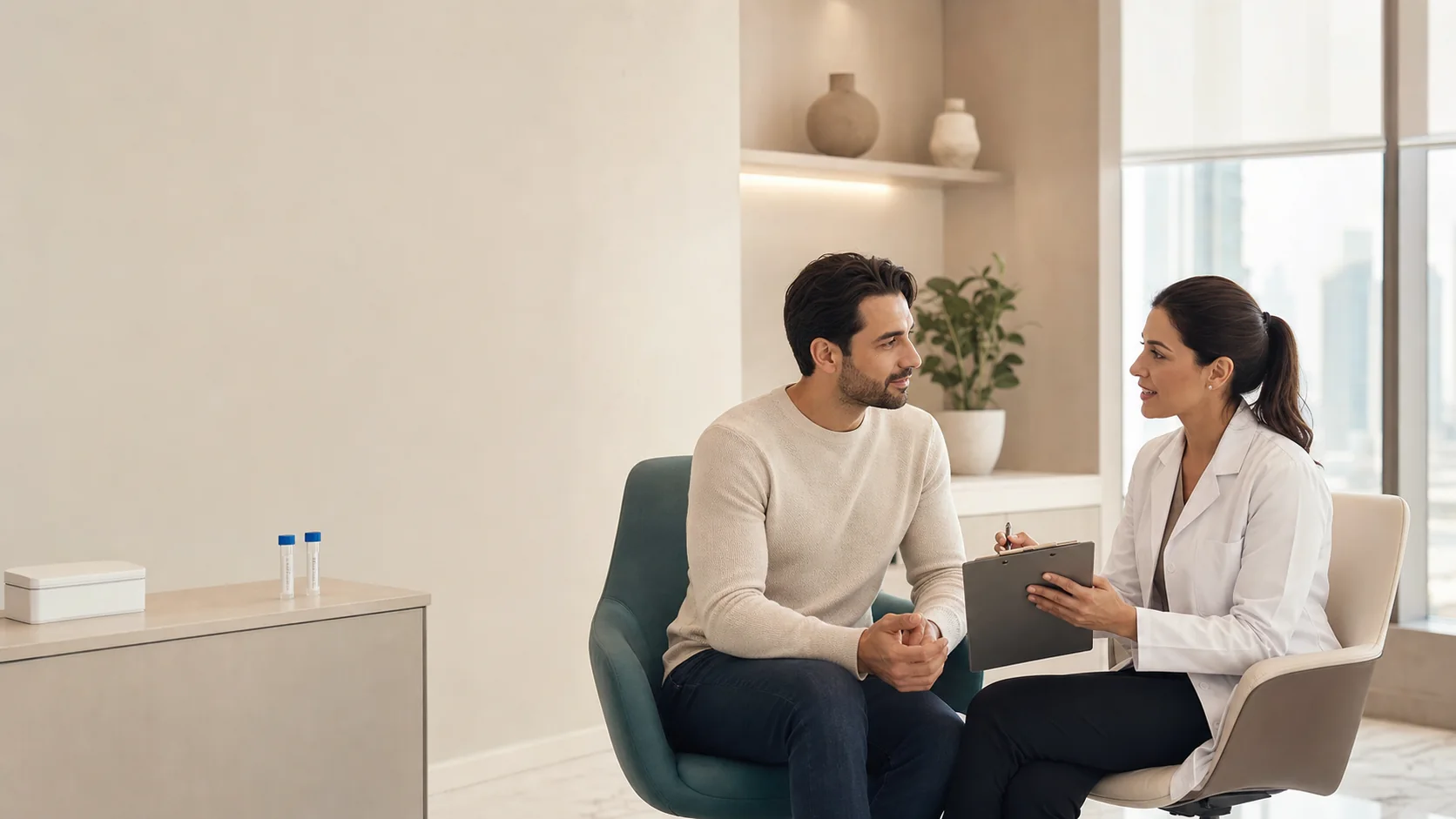 Adult patient discussing confidential STD testing with a clinician in a bright private clinic