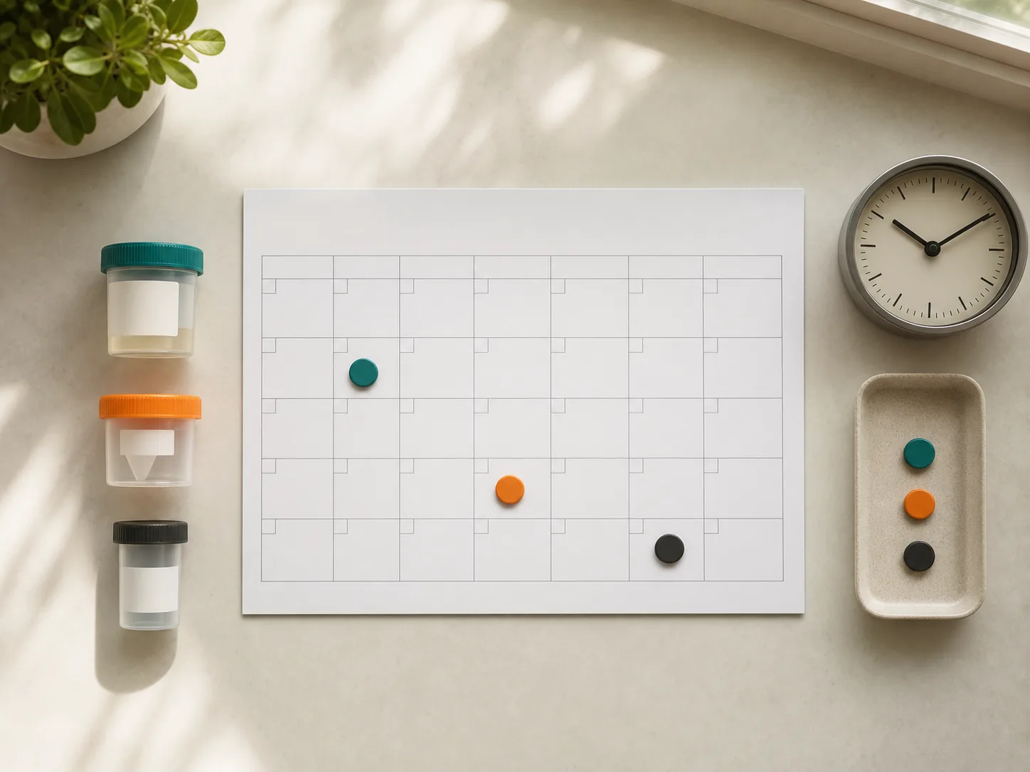 Blank calendar, clock and sealed sample containers illustrating different testing windows