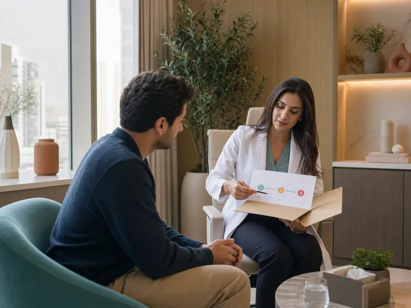 A clinician explaining a printed test report to an adult