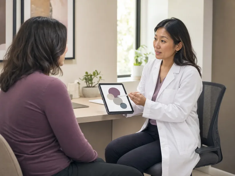 An adult discussing a confidential health assessment with a clinician