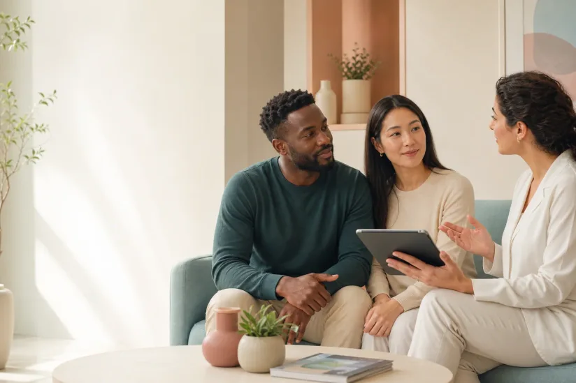 Two adults discussing health questions with a clinician